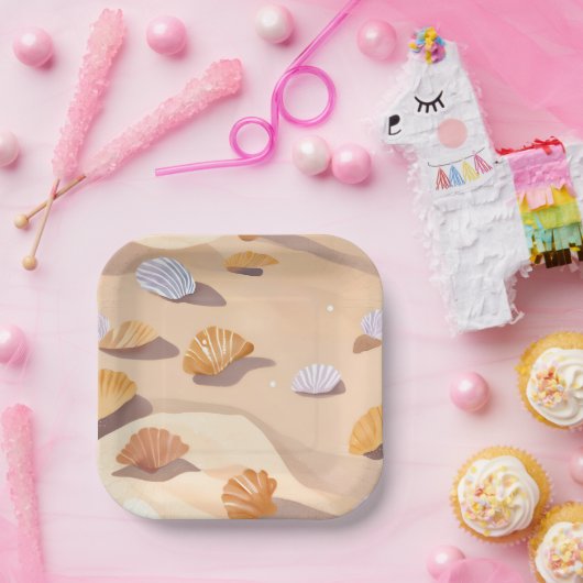 Zeeschelpen in het zand | Beach Ocean Waterverf Papieren Bordje (Feest)