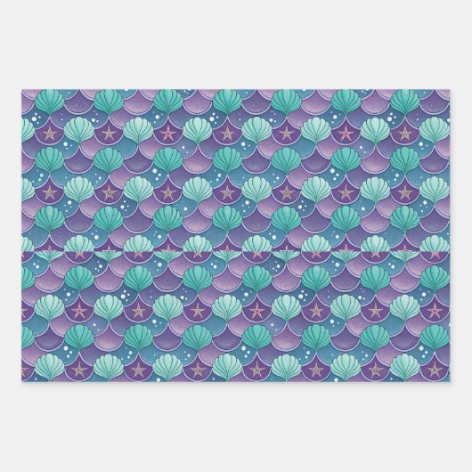 Zeeschelpen in roze en blauw inpakpapier vel (Voorkant)