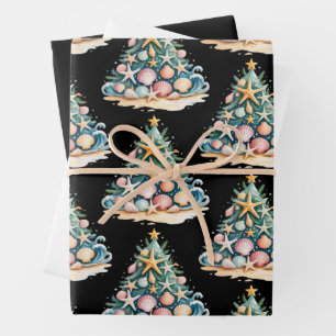 Zeeschelpen Kerstboom Oceaan Water Zeester  Inpakpapier Vel