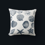 Zeeschelpen Kussen<br><div class="desc">Nautische schelpen  in blauw en wit omkeerbaar kussen met massief marineblauw met witte strepen aan de andere kant</div>