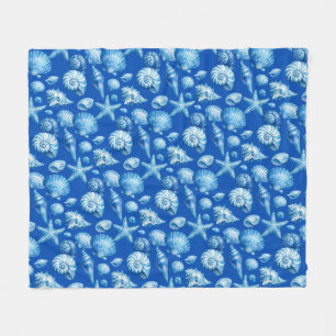 Zeeschelpen. Nautilus. Blauw kobalt. Fleece deken