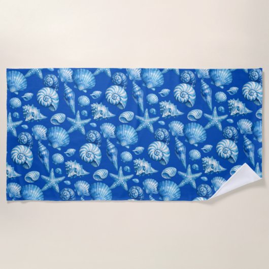 Zeeschelpen. Nautisch. Blauw Strandlaken (Voorkant)