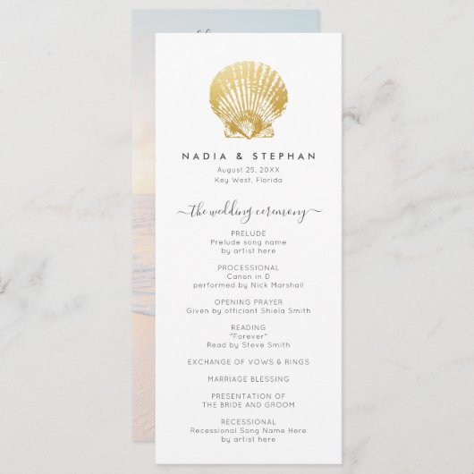 Zeeschelpen Nautisch Strand Bruiloft Goud Modern Programmakaart (Voorkant / Achterkant)