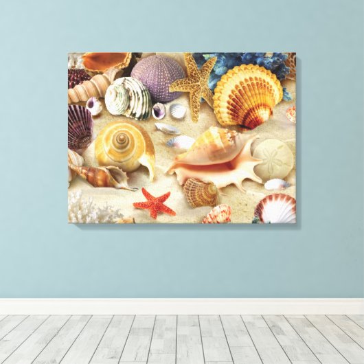 Zeeschelpen op het strand canvas afdruk (Insitu (Houten vloer))