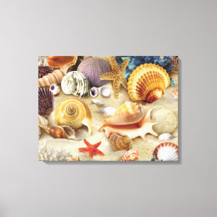 Zeeschelpen op het strand canvas afdruk