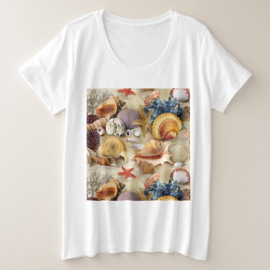 Zeeschelpen op het strand grote maat t-shirt (Design voorkant)