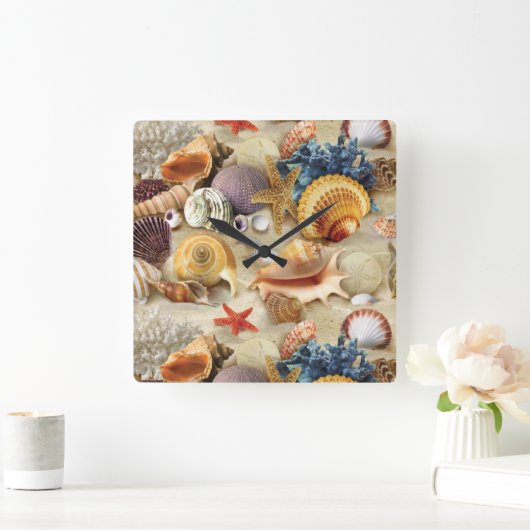 Zeeschelpen op het strand vierkante klok (Huis)