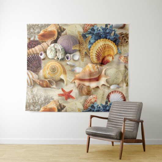 Zeeschelpen op het strand wandkleed (In Situ (horizontaal))