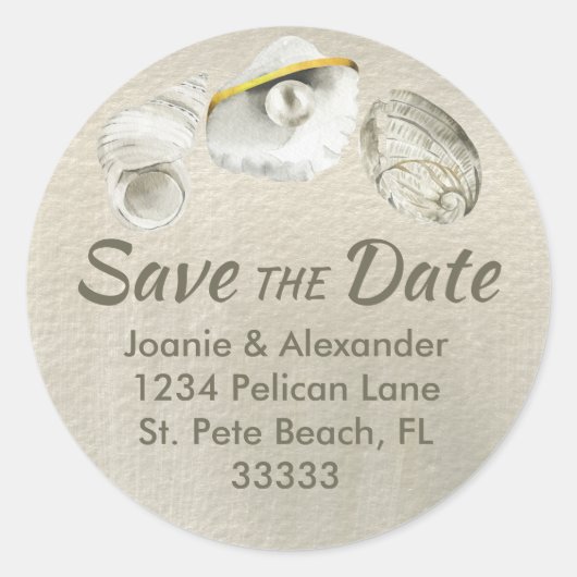 Zeeschelpen op Shimmering Silver Save the Date Ronde Sticker (Voorkant)