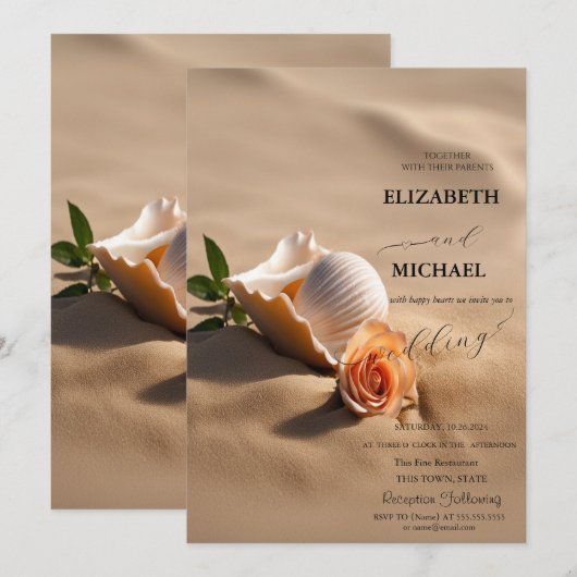 Zeeschelpen Roos Zand Bruiloft Kaart (Voorkant / Achterkant)