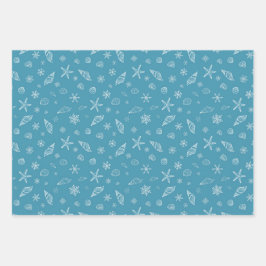 Zeeschelpen & sneeuwvlokken in blauw inpakpapier vel