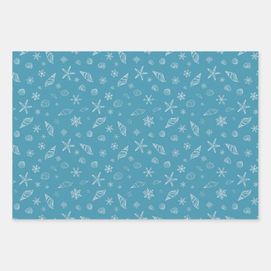 Zeeschelpen & sneeuwvlokken in blauw inpakpapier vel (Voorkant)