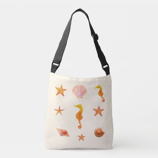 Zeeschelpen, sterren & zeepaardjes op ivoor crossbody tas (Voorkant)