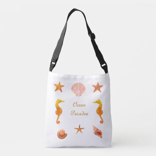 Zeeschelpen, sterrenkalligrafie en zeepaarden op w crossbody tas (Achterkant)