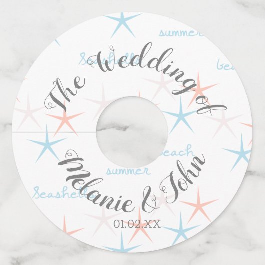 Zeeschelpen Stervis Strand Bruiloft- Koppelnamen Wijnglaslabel (Voorkant)