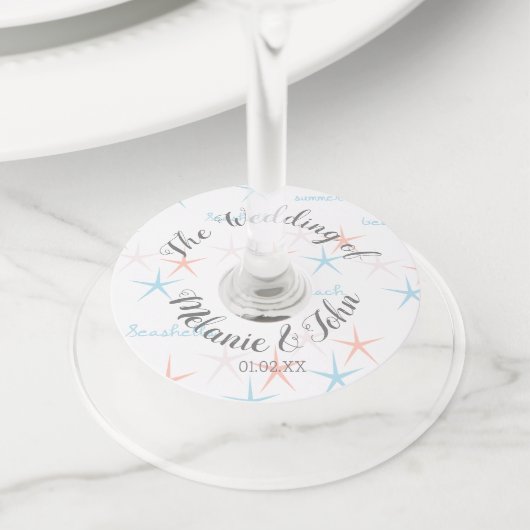 Zeeschelpen Stervis Strand Bruiloft- Koppelnamen Wijnglaslabel (Dichtbij)