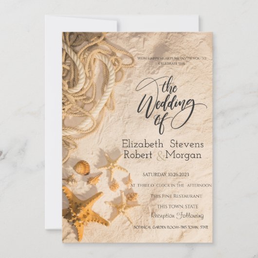 Zeeschelpen Touw Zand Bruiloft Uitnodiging (Voorkant)