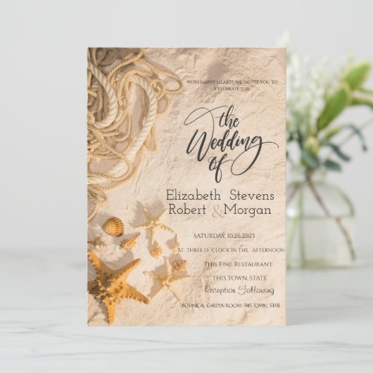 Zeeschelpen Touw Zand Bruiloft Uitnodiging (Staand voorkant)