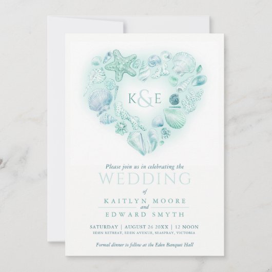 Zeeschelpen waterverf hart strand aqua kaart (Voorkant)