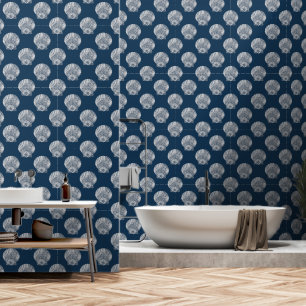 Zeeschelpen Wit op Donkerblauw Strand Wallpaper Behang
