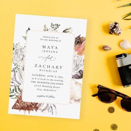 Zeeschelpen & Witte Bloemen Bruiloft 1-V2 Kaart