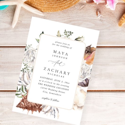 Zeeschelpen & Witte Bloemen Bruiloft 1-V2 Kaart