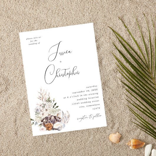 Zeeschelpen & Witte Bloemen Bruiloft 3 Kaart