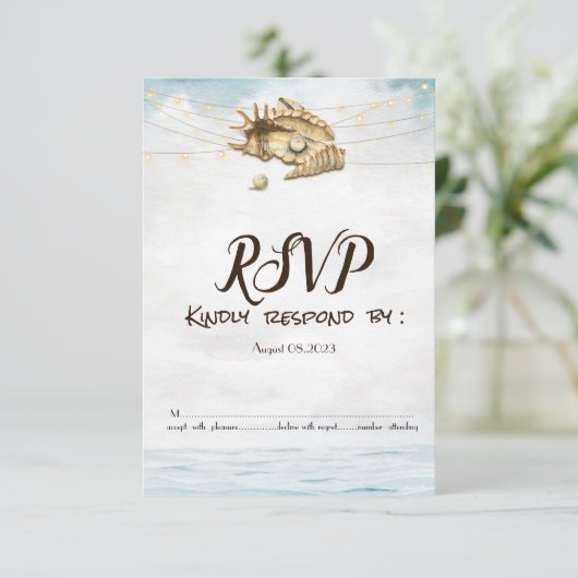 Zeeschelpen,Zee,Slingerlichten Script Lights RSVP  Kaart (Staand voorkant)