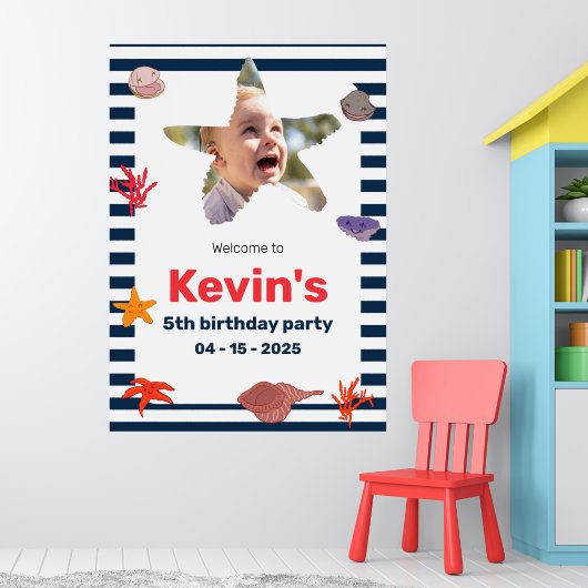 Zeeschelpen, zeesterren en koraal op nautische str poster (Kinderkamer 1)