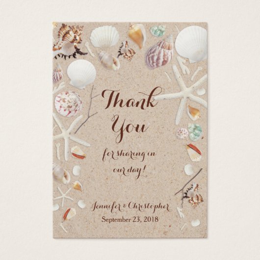 Zeeschelpen & Zeesterren op het strand Dank u Visitekaartje (Voorkant)