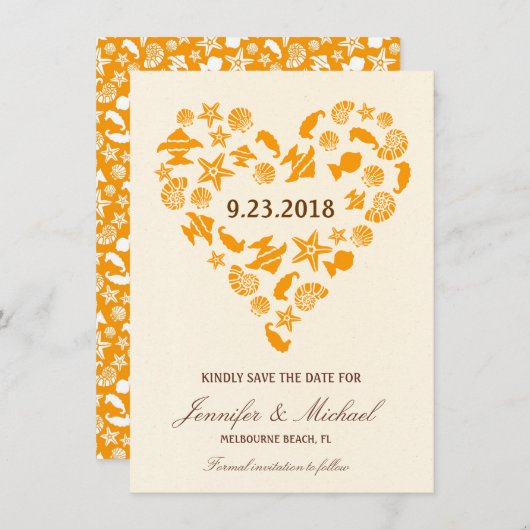 Zeeschelpen & Zeestervis Hart Zomer Strand Bruilof Save The Date (Voorkant / Achterkant)