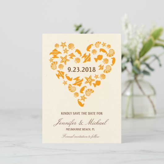 Zeeschelpen & Zeestervis Hart Zomer Strand Bruilof Save The Date (Staand voorkant)