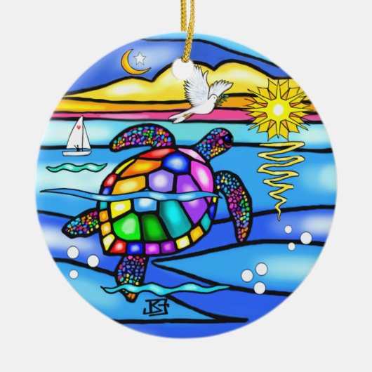 Zeeschildpad (#8 - met duif) keramisch ornament (Voorkant)