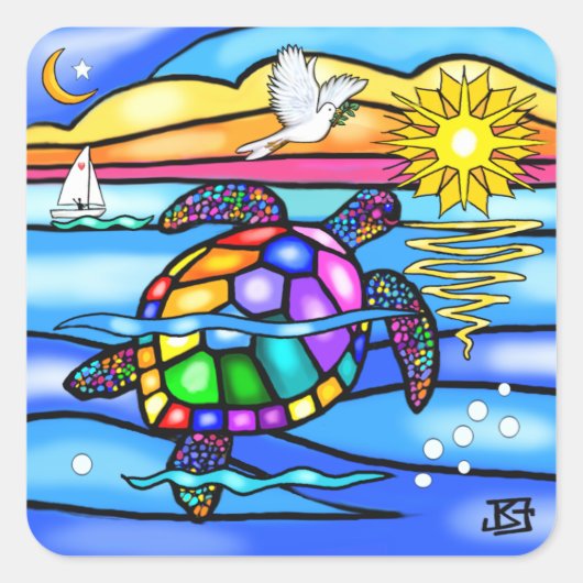 Zeeschildpad (#8 - met duif) vierkante sticker (Voorkant)