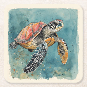 Zeeschildpad Aquarel Kartonnen Onderzetters