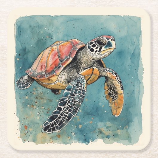 Zeeschildpad Aquarel Kartonnen Onderzetters (Voorkant)