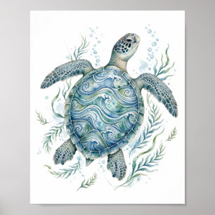Zeeschildpad Aquarel Oceaan Golven Zeeleven Kunst Poster