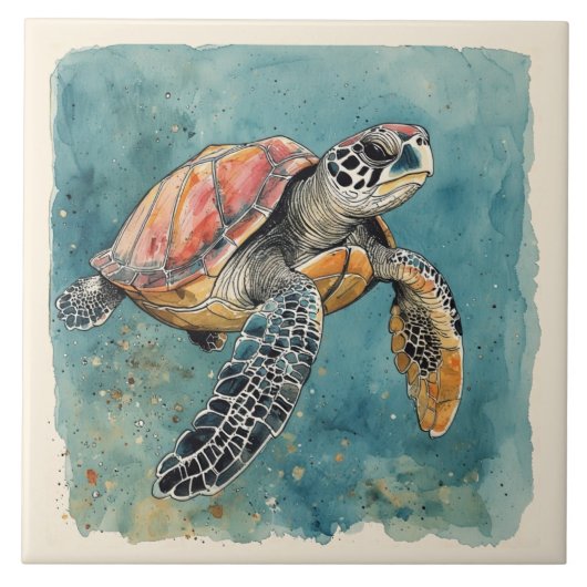 Zeeschildpad Aquarel Tegeltje (Voorkant)