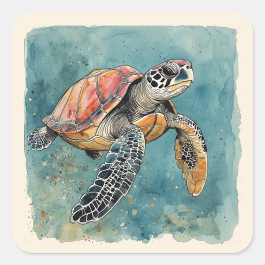 Zeeschildpad Aquarel Vierkante Sticker (Voorkant)