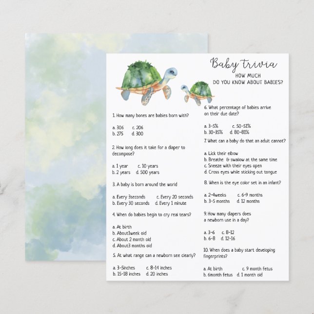 Zeeschildpad - Baby Trivia | Baby Shower Spel (Voorkant / Achterkant)