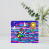 Zeeschildpad (blauw / roze) briefkaart (Staand voorkant)