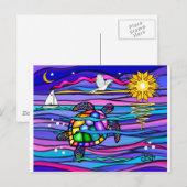 Zeeschildpad (blauw / roze) briefkaart (Voorkant / Achterkant)
