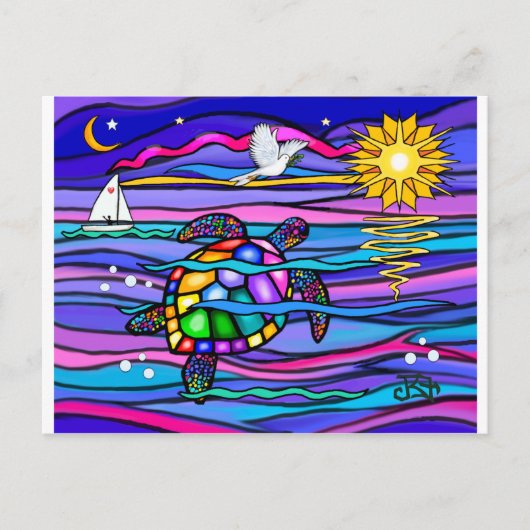 Zeeschildpad (blauw / roze) briefkaart (Voorkant)