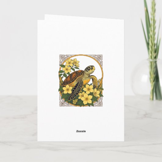 Zeeschildpad en gele gelsemium bloemen feestdagen kaart (Achterkant)