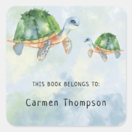 Zeeschildpad - ex-libris, boeken voor baby vierkante sticker