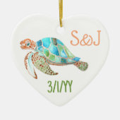 Zeeschildpad Hart, Monogram Kerstmis Keramisch Ornament (Voorkant)