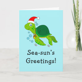 Zeeschildpad in een Kerstmannenhoed Oceaan Kerstmi Feestdagen Kaart
