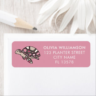 Zeeschildpad in roze etiket
