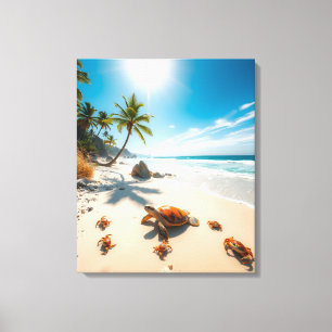 Zeeschildpad & Krabben op Tropisch Strand – Serene Canvas Afdruk