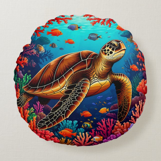 🐠 Zeeschildpad Kunst Voor Kust Accent Decoratie � Rond Kussen (Voorkant)